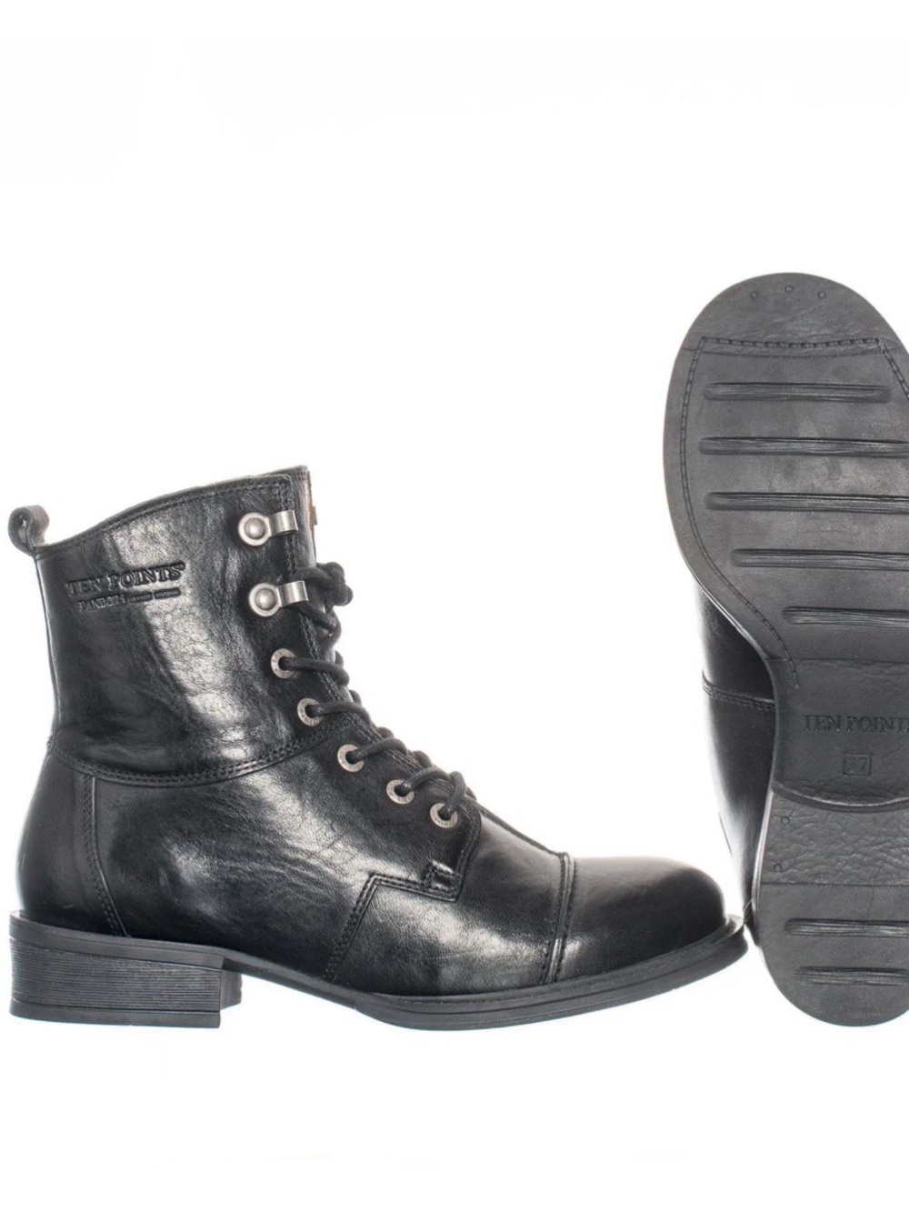 Ten Points Black Leather Lace-Up Ankle Boots -